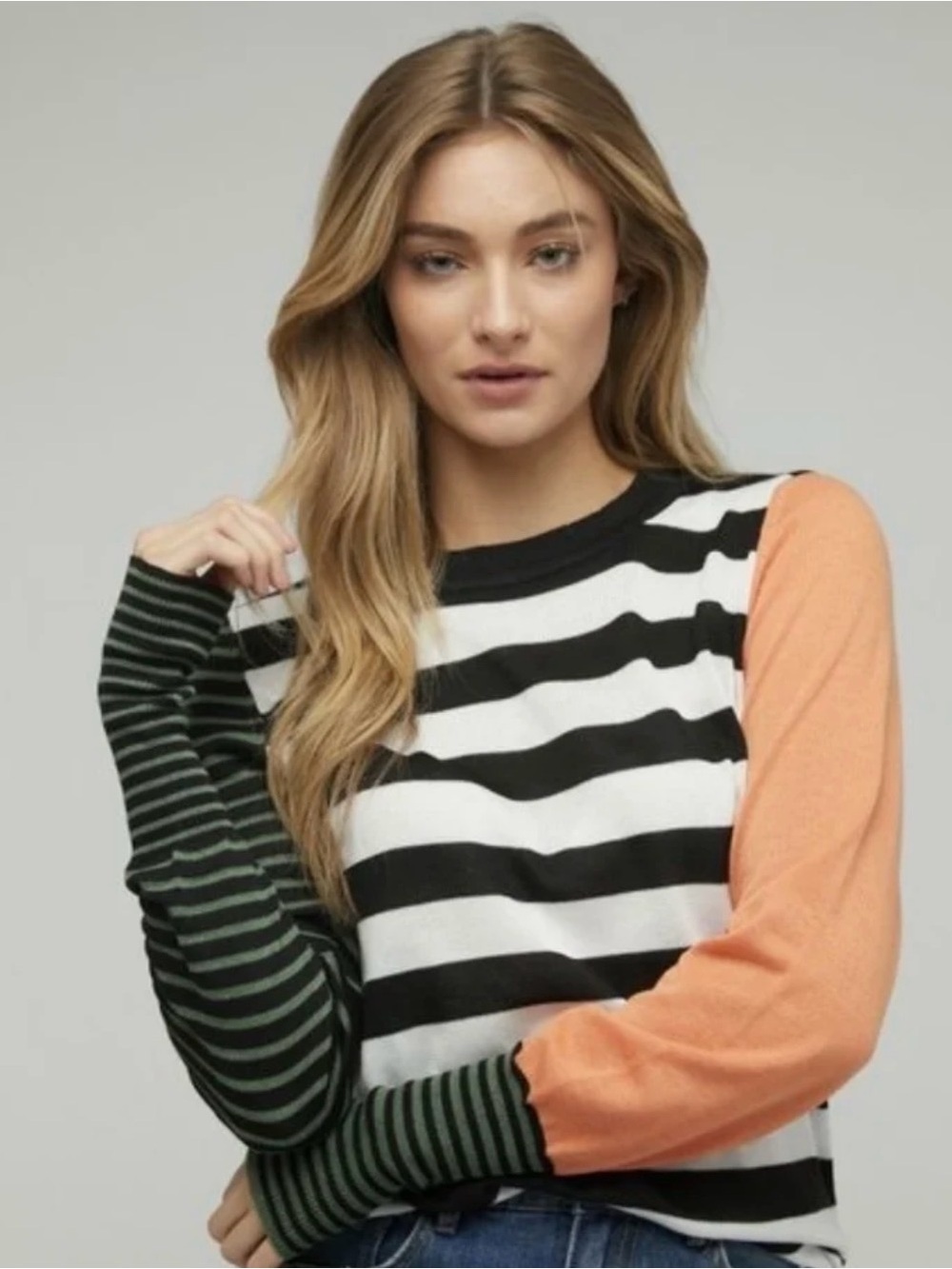 Davis & Dani Color Block Striped Mixed-Sleeve Crewneck Sweater